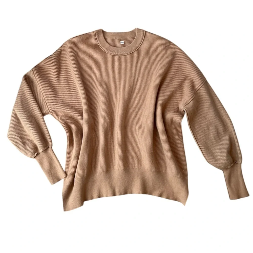 Brown/ Tan Crewneck Batwing Oversized Ribbed Pullover Sweater
